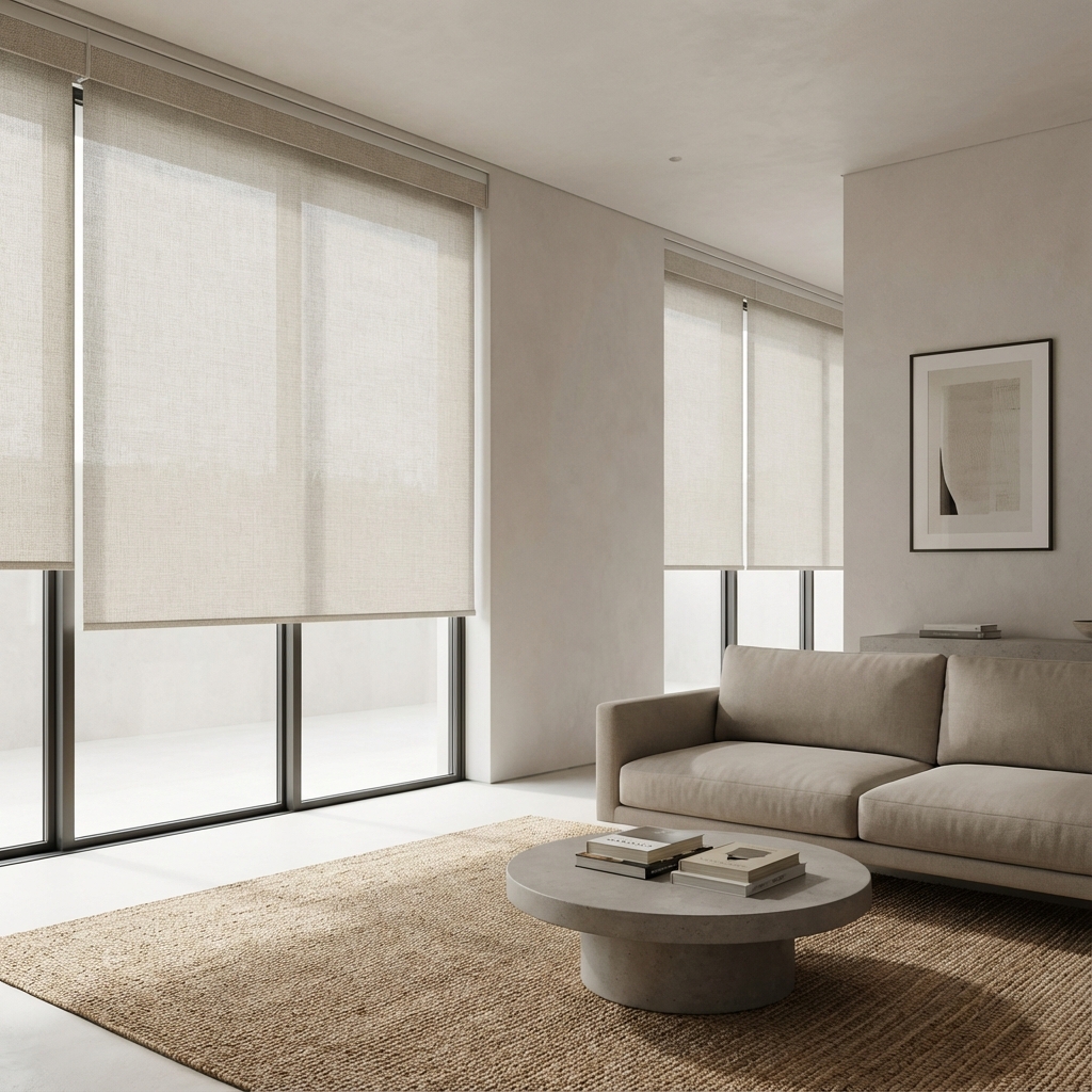 Modern motorized roller shades in a living room